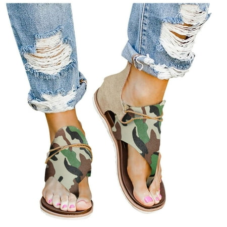 Women Summer Clip-Toe Shoes Zipper Comfy Flats Casual Beach Sandals
