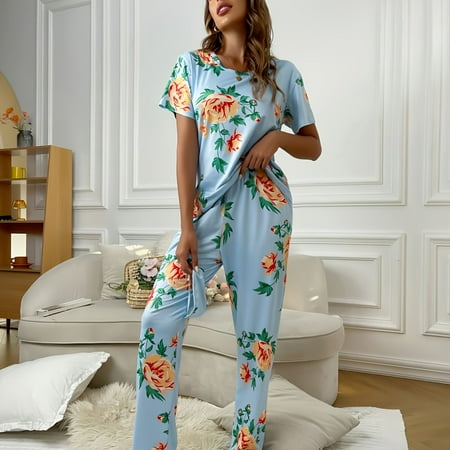Elegant Floral Print Pajamas Short Sleeve Pajama Top & Pajama Pants Women‘s Loungewear & Sleepwear
Elegant Floral Print Pajamas Short Sleeve Pajama Top & Pajama Pants Women‘s Loungewear & Sleepwear