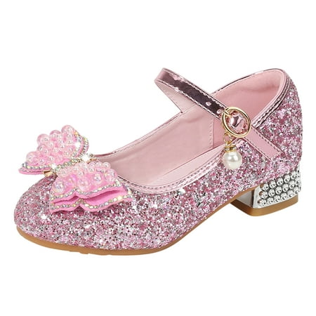 

Fimkaul Girls Sandals Little Dress Pumps Glitter Sequins Princess Bowknot Low Heels Party Dance Rhinestone Shoes Pink