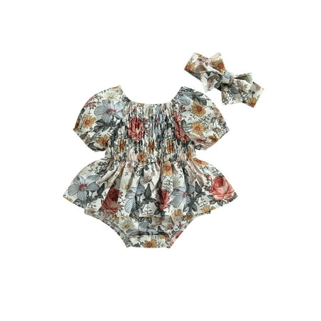 Infant Baby Girls Romper Dress Floral Print Short Sleeve Skirt Hem Bodysuits Summer Jumpsuits with Headband 12-18 Months
Infant Baby Girls Romper Dress Floral Print Short Sleeve Skirt Hem Bodysuits Summer Jumpsuits with Headband 12-18 Months