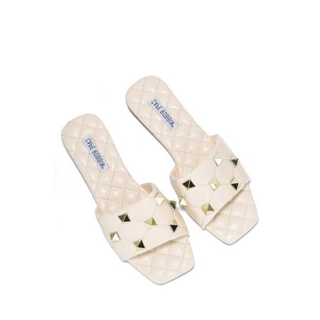 DOHA STUDDED QUILTED SLIDE ON SANDALS-IVORY