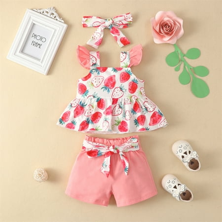 3pcs/set Baby Girls Clothes Set Toddler Summer Outfits Ruffle Sleeveless Strawberry Print Shirt Kid Shorts Headband Set for Girl 18-24 Months
3pcs/set Baby Girls Clothes Set Toddler Summer Outfits Ruffle Sleeveless Strawberry Print Shirt Kid Shorts Headband Set for Girl 18-24 Months