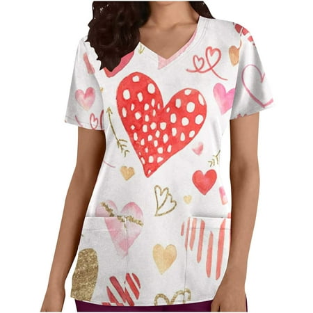 

Hfyihgf Nurse Uniforms Tunic for Women Valentine s Day Scrub Tops Heart Patterned Short Sleeve V-Neck Workwear T Shirt with Pockets(Multicolor XL)