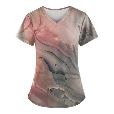 

Kddylitq Women Printed Scrub Tops Size XL Short Sleeve Marble Print with Pockets Scrubs V Neck T-Shirts Scrubs Pink XL