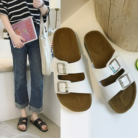 Archer Women Summer Faux Leather Beach Anti Slip Buckles Slippers Flat Cork Sandals