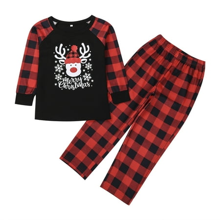 Multitrust Cartoon Fawn Print Tops and Plaid Trousers Parent-child Pajamas