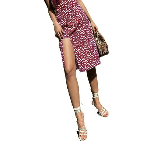 Womens Floral Split Thigh Cami Dress Burgundy XS