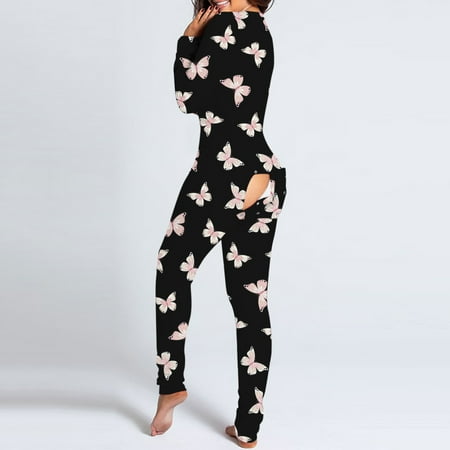 TWIFER Pajamas For Women Women s Button-down Butterfly Print Functional Buttoned Flap Adults Jumpsuit