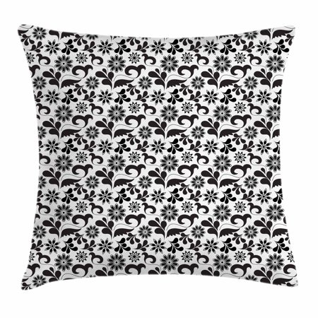 Black and White Throw Pillow Cushion Cover, Abstract Flowers Composition with Romantic Natural Elements Curved Leaves, Decorative Square Accent Pillow Case, 16 X 16 Inches, Black White, by Ambesonne