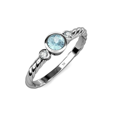 Aquamarine and Diamond (SI2-I1 G-H) Three Stone Rope Ring 0.70 ct tw in 14K White Gold.size 8.5
Aquamarine and Diamond (SI2-I1 G-H) Three Stone Rope Ring 0.70 ct tw in 14K White Gold.size 8.5