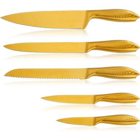 Golden Kitchen Knife Set 5 Piece WELLSTAR Razor Sharp German Stainless Steel Blade and Ergonomic Handle with Gold Titanium Coated Chef Carving Bread Utility Paring for Cutting and Peeling - Gift Box
Golden Kitchen Knife Set 5 Piece WELLSTAR Razor Sharp German Stainless Steel Blade and Ergonomic Handle with Gold Titanium Coated Chef Carving Bread Utility Paring for Cutting and Peeling - Gift Box