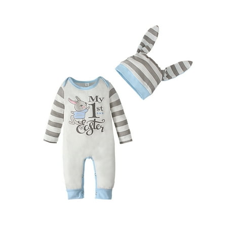 Ma&Baby Newborn Baby Bodysuit Easter Bunny Letter Romper with Rabbit Ears Hat
