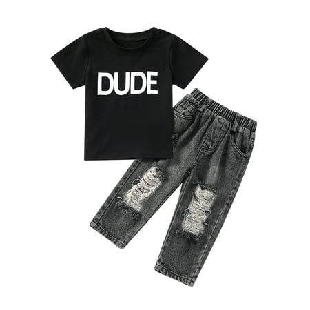 Nokpsedcb Kids Little Boys Summer Jeans Suit Letter Print Short Sleeve Tops Elastic Waistband Ripped Denim Trousers Black 4-5 Years
Nokpsedcb Kids Little Boys Summer Jeans Suit Letter Print Short Sleeve Tops Elastic Waistband Ripped Denim Trousers Black 4-5 Years