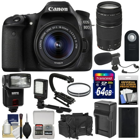 Canon EOS 80D Wi-Fi Digital SLR Camera & EF-S 18-55mm IS STM with 75-300mm III Lens + 64GB + Battery + Case + Flash + LED Light + Mic + Stabilizer Kit