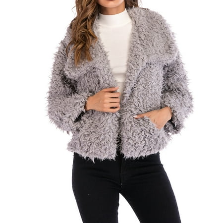 Women's Fashion Long Sleeve Hooded Open Front Fluffy Oversized Collar Soft Fur Jacket with Pockets Cozy Warm Winter