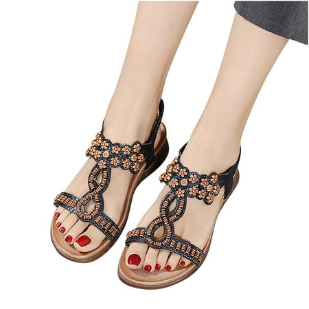 Summer Sandals For Women Flat Slip On Sandals Crystal Roman Shoes Open Toe Casual Sandals