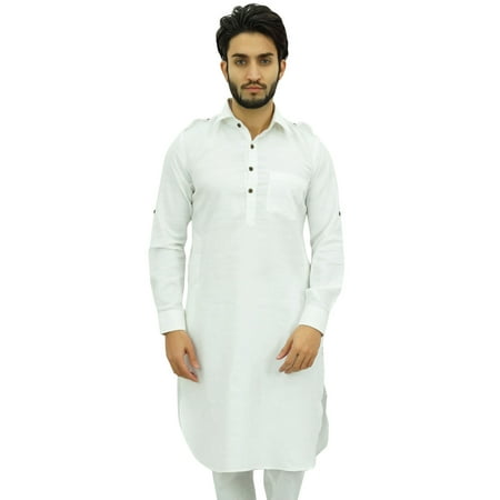 Atasi Men s Classic White Pathani Style Kurta Pajama Set Long Cotton Shirt-XL