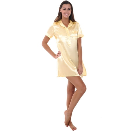Alexander Del Rossa Womens Satin Sleepshirt Canary Yellow Small