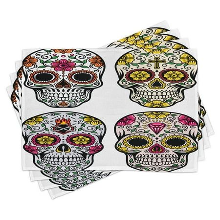 

Day Of The Dead Placemats Set of 4 Dia de Los Muertos Festive Celebration Skull Artwork Image Washable Fabric Place Mats for Dining Room Kitchen Table Decor Yellow Pink Black White by Ambesonne