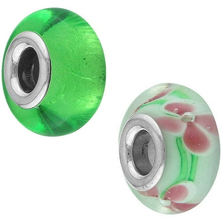 Connections From Hallmark Stainless-Steel Pink, White & Green Flower Glass Charm and Green Foil Glass Charm Set
