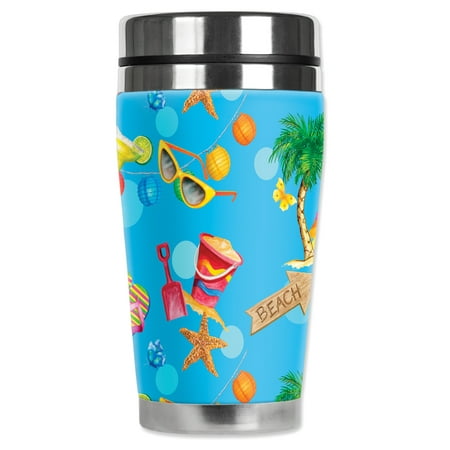 Mugzie brand 16-Ounce Stainless Steel Travel Mug with Insulated Wetsuit Cover - Beach Toss