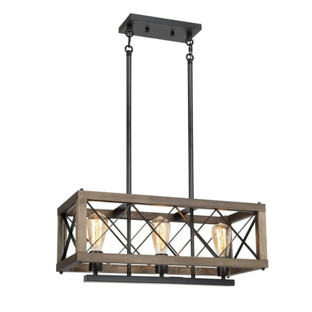 LNC 3-Lights Farmhouse Matte Black and Wood Linear Shade Chandelier for Kitchen Isaland