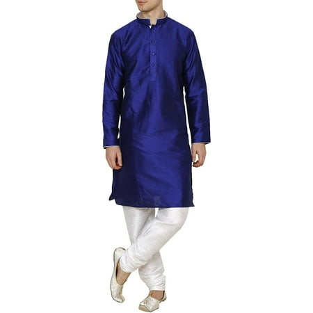 Royal Kurta Men s Dupion Silk Contrast Piping Kurta Churidar Blue
