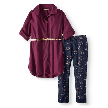 Belted Poplin Tunic Shirt & Printed Legging, 2-Piece Outfit Set (Little Girls & Big Girls)