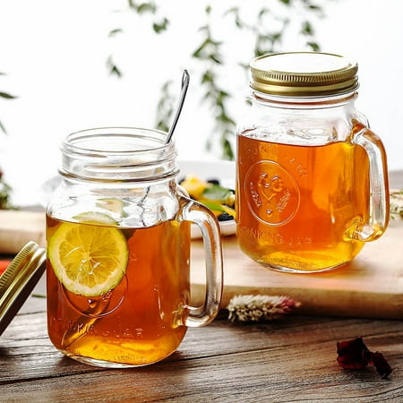 Goulian Glass Mug With Handle Lid Drinking Jar Clear Cup for Tea Coffee