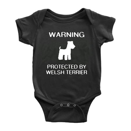 Warning: Protected by A Welsh Terrier Dog Funny Baby Rompers Bodysuit (Black 6-12 Months)