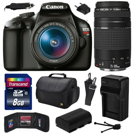 Canon EOS Rebel T3 Digital SLR Camera with EF-S 18-55mm f\/3.5-5.6 IS and EF 75-300mm f\/4-5.6 III Lens with 8GB Memory, Large Case, Battery, Charger, Memory Card Wallet, Cleaning Kit 5157B002 Canon EOS Rebel T3 Digital SLR Camera with EF-S 18-55mm f\/3.5-5.6 IS and EF 75-300mm f\/4-5.6 III Lens with 8GB Memory, Large Case, Battery, Charger, Memory Card Wallet, Cleaning Kit 5157B002
