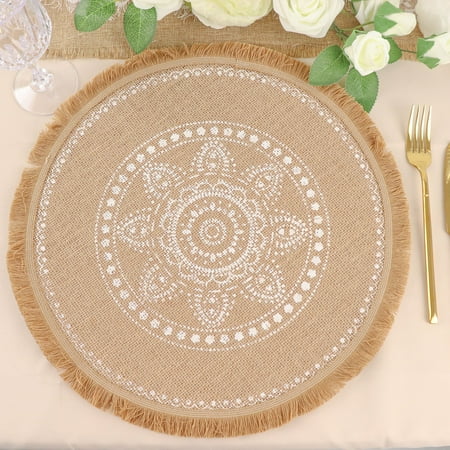 4 Pack | Natural 15 Jute Fringe White Embroidery Print Placemats Rustic Round Woven Burlap Tassel Table Mats
4 Pack | Natural 15 Jute Fringe White Embroidery Print Placemats Rustic Round Woven Burlap Tassel Table Mats