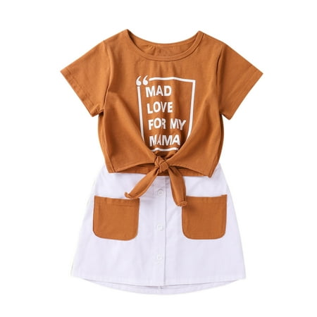 AIMAOMI Baby Girls Letter Fashion Tops Overskirt+Pocket Outfits Set H