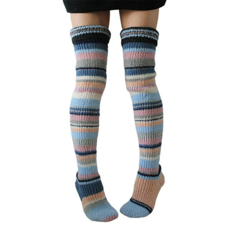 Womens Winter Slouch Leg Warmers Colorful Striped Knitted Thigh High Long Socks