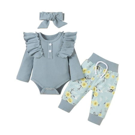 Fesfesfes Toddler Kids Girls Ruffle Cotton Clothes Flowers Print Outfit Bow Three-piece