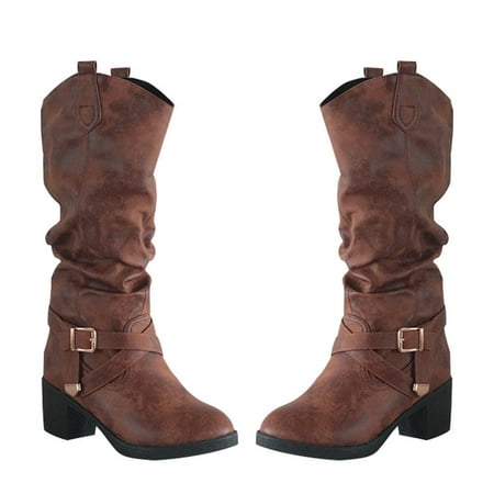 1 Pair Knight Boots Low-heeled Shoes Cross Strap Buckle Footwears (Light Brown)