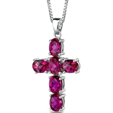 Peora 6.00 Carat T.G.W. Oval Shape Cross Created Ruby Rhodium over Sterling Silver Pendant, 18