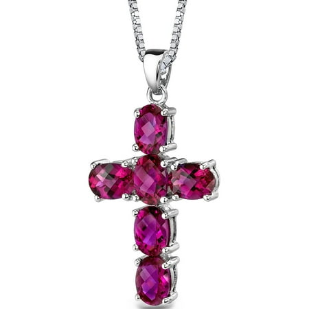 Peora 6.00 Carat T.G.W. Oval Shape Cross Created Ruby Rhodium over Sterling Silver Pendant, 18