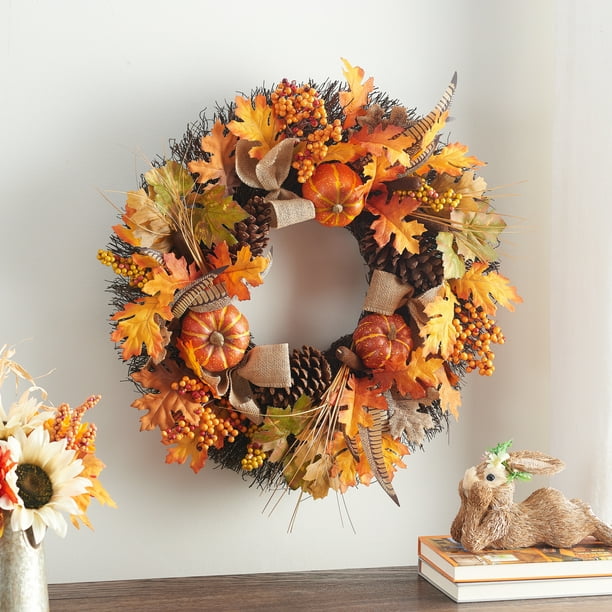 Way to Celebrate Pumpkins and Leaves Harvest Wreath, 24"