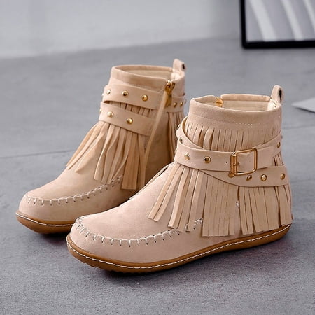 

eczipvz Womens Shoes Flat Color Booties Shoes Tassel Retro Women Toe Zipper Solid Short Round women s boots Womens Snow Boots (Beige 7)