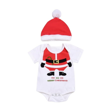 Christmas Newborn Baby Girl Boy Romper Jumpsuit+Santa Hat Outfits Set Costume