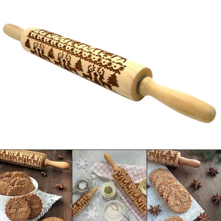 Christmas Wooden Rolling Pin, Premium Beech Wood Engraved Embossing Rolling Pin For Homemade Christmas Cookies(17 inch)