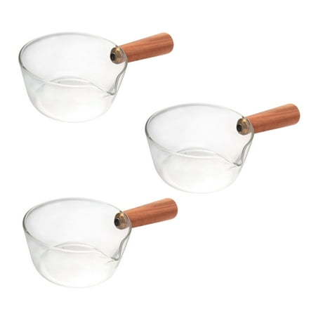 3X Glass Milk Pot with Wooden Handle 400Ml Cooking Pot for Salad Noodles Stove