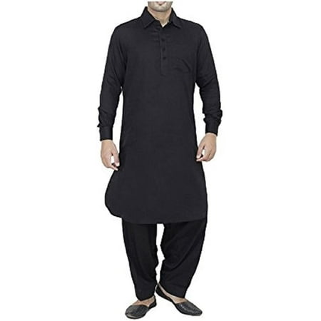 Royal Men s Black Classic Collar Cotton Blend Pathani Kurta and Salwar