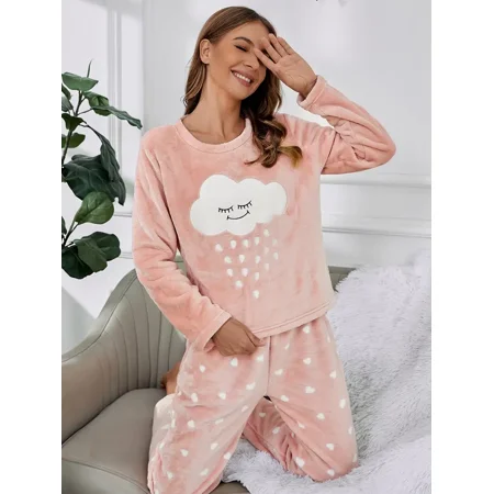 Women‘s Cozy Warm Comfy Hood Cute 2pc Fleece Cloud Pajama Set