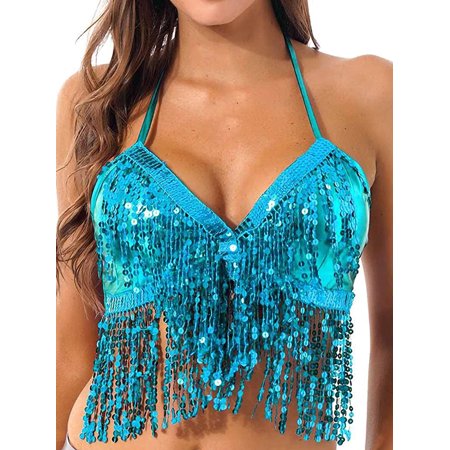 

Glookwis Women Cami Sleeveless Halter Crop Tops V Neck Camisole Vaction Sexy Dance Bra Sequin Lake Blue