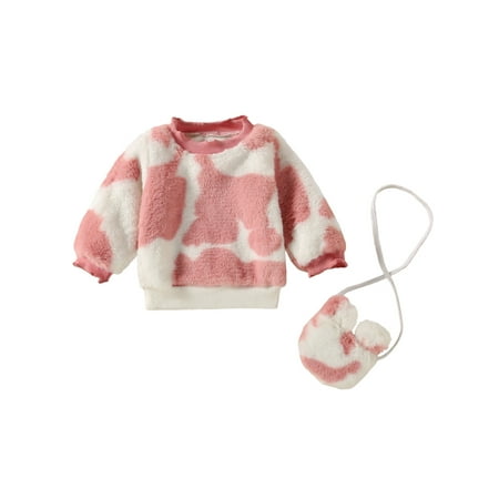 

ZIYIXIN Toddler Baby Girl Fuzzy Sweater Long Sleeve Cow Print Faux Pullover Tops with Bag Fall Winter Clothes Pink 2-3 Years