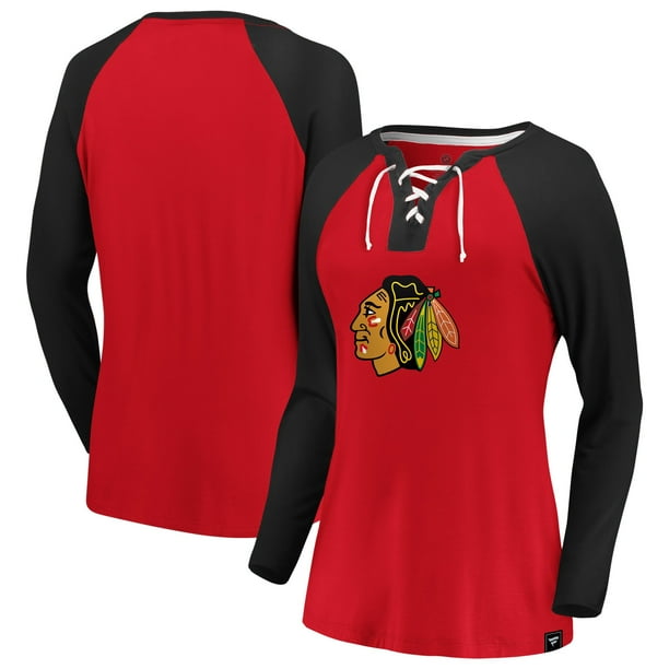 Chicago Blackhawks Fanatics Branded Women's Plus Size Break Out Play Lace-Up Long Sleeve V-Neck T-Shirt - Red/Black