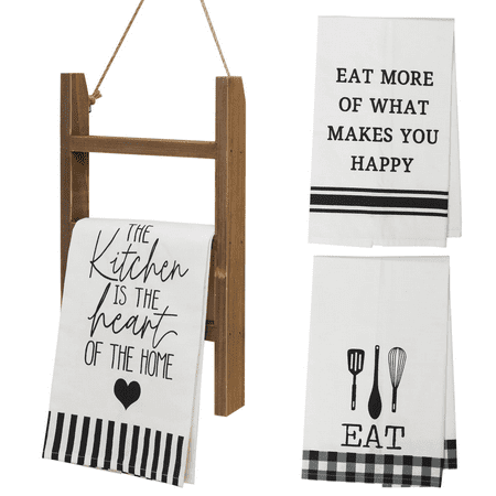 GenMous & Co. Hanging Tea Towel Ladder with 3pcs White Cotton Tea Towels with Sayings for Kitchen Decorative Rustic Farmhouse Mini Towel Holder for Kitchen Counter Brown
GenMous & Co. Hanging Tea Towel Ladder with 3pcs White Cotton Tea Towels with Sayings for Kitchen Decorative Rustic Farmhouse Mini Towel Holder for Kitchen Counter Brown