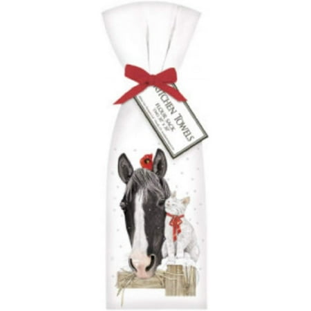 2 Horse and Cat Winter Ribbon Tied Flour Sack Towels